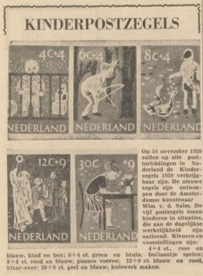 In 1959 werden de afbeeldingen op de kinderpostzegels ontleend aan situaties uit het dagelijks leven van kinderen. Op één van de postzegels stond een klaar-over.