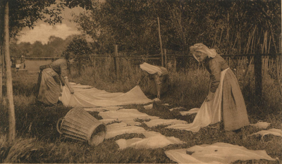 Wit goed op de bleek leggen, foto op kaart 'Noord-Brabantsch Dorpsleven' ca, 1928 (uitgave: Weenenk & Snel, Den Haag, collectie www.brabantsdorpsleven.nl, nr. dorp1444)