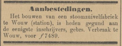 Aanbesteding bouw van de fabriek, 1894 (uit: De Grondwet, 10 juni 1894 via Delpher)