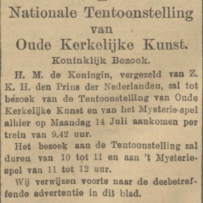 Aankondiging van het koninklijk bezoek in de krant, 26 juni 1913 (bron: Provinciale Noordbrabantsche en 's-Hertogenbossche Courant via Delpher) 