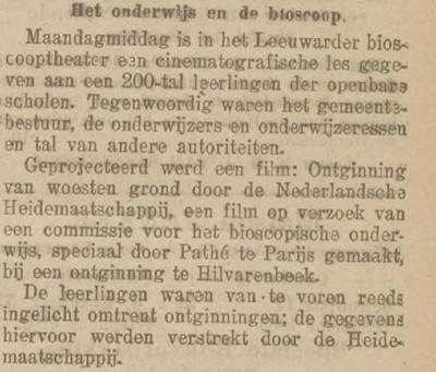Artikel over de eerste onderwijsfilm, De Nederlander 9-10-1912 (bron: Delpher)