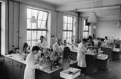 Werken in zinkfabriek Budel-Dorplein Laboratorium met Annie Smulders en Alhons Bogaerts, 1955-1965