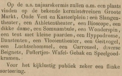 Aankondiging van de najaarskermis, met Vlooientheater, van 1904 in Breda (bron: Bredasche courant, 2-11-1904 via Delpher)
