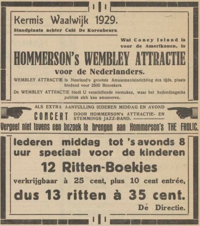 Advertentie voor Hommerson's Wembley Attractie, Waalwijk 1929 (bron: Echo van het Zuiden, 13 juli 1929, collectie Streekarchief Langstraat Heusden Altena)