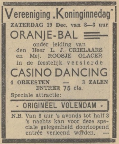 Aankondiging in de krant van Oranje-bal onder leiding van Leo Crielaars en Roosje Glaser, 17 december 1936 (bron: Provinciale Noordbrabantsche en 's Hertogenbossche courant via Delpher)