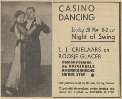 Aankondiging in de krant van de 'Night of Swing' met Leo Crielaars en Roosje Glaser in Casino Dancing 's-Hertogenbosch op 26 november 1937 (bron: Provinciale Noordbrabantsche en 's Hertogenbossche courant via Delpher)